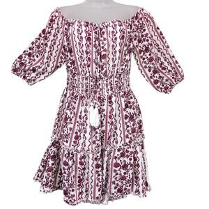 Justify Burgundy Floral Off-Shoulder Mini Peasant Dress Sz XL Tassel Tie Smocked